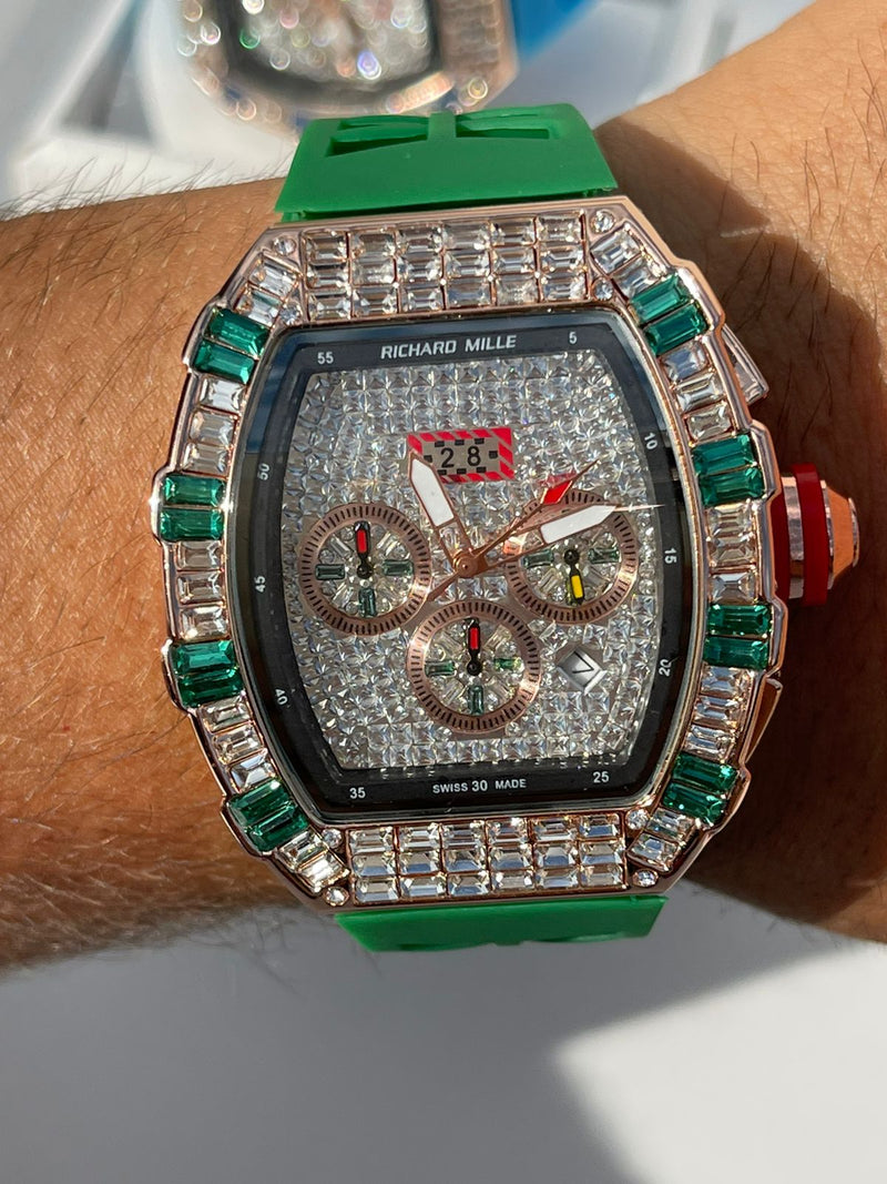 Best Replica  Richard Mille Iced Out  on Green with Rose&gold case