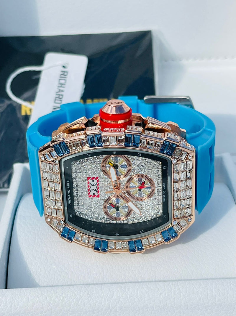 Best Replica Richard Mille Iced Out  on Blue with Rose&gold case