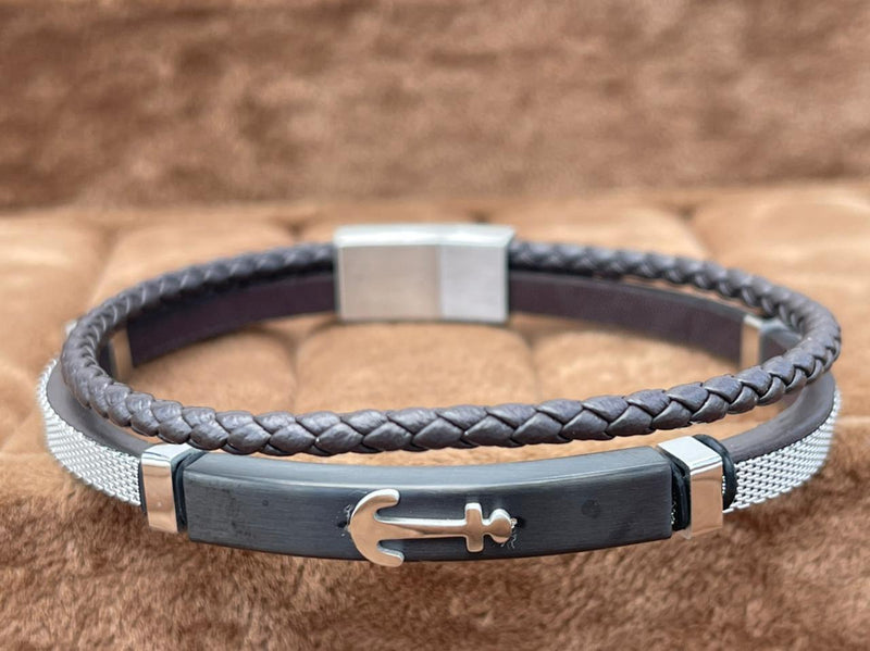 Lauren Bracelet Multi-Strand Silver-Tone Steel and Leather Bracelet