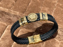 Versace Bracelet Multi-Strand Silver-Tone Steel and Leather Bracelet