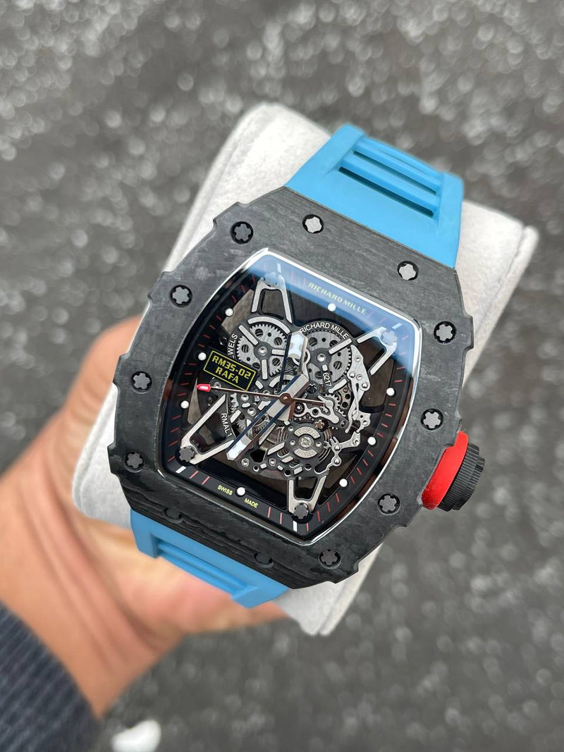 Best Replica Richard Mille Tourbillon black Strap & blue transparent field
