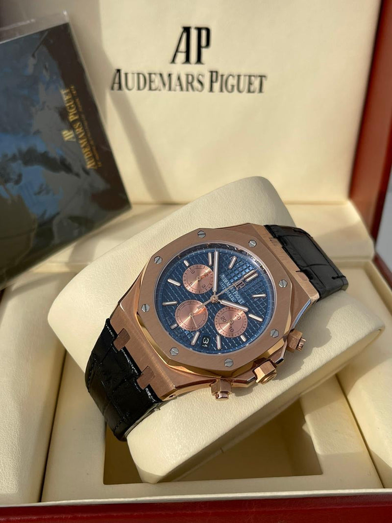 Best Replica Audemars Piguet blue Royal Oak black leather