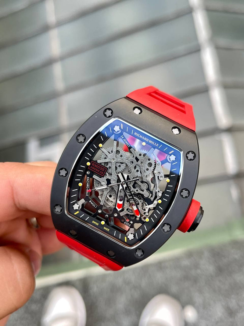 Best Replica Richard Mille Tourbillon red Strap & black field transparent