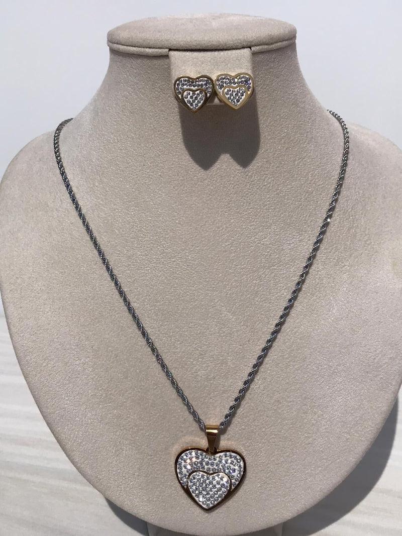 Grey color Necklace with full heart bling bling sign with zircon ears