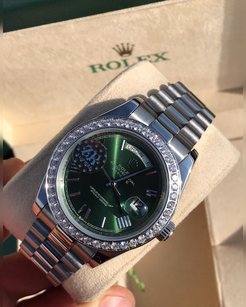 Rolex Daydate green with Roman Numerals Iced Out