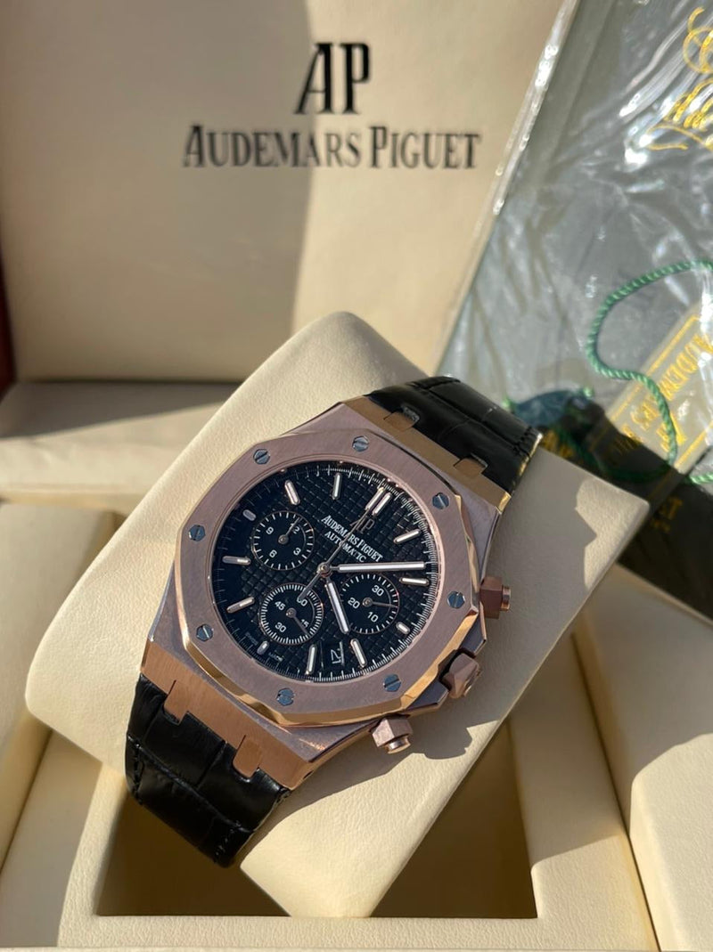 Best Replica Audemars Piguet rose gold case and black Royal Oak black leather