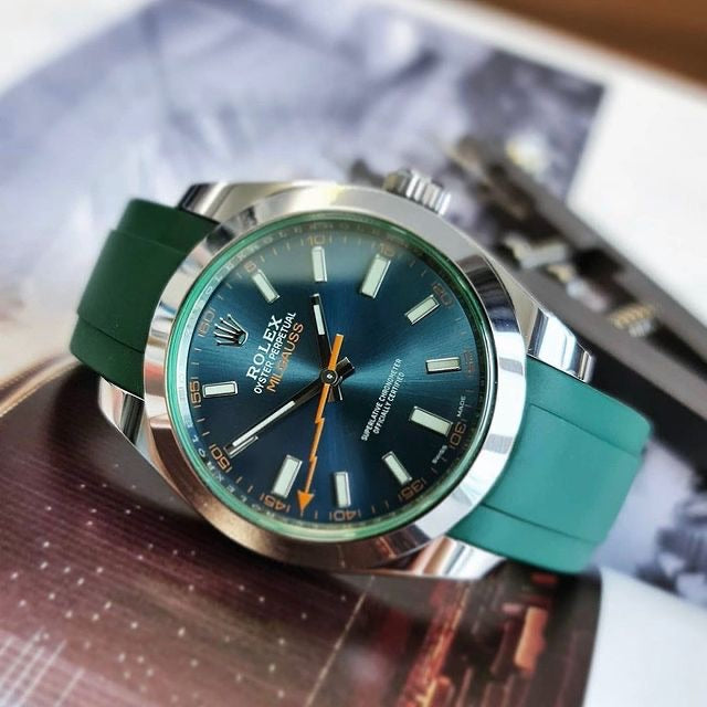 Rolex Blue light Milgauss with green strap