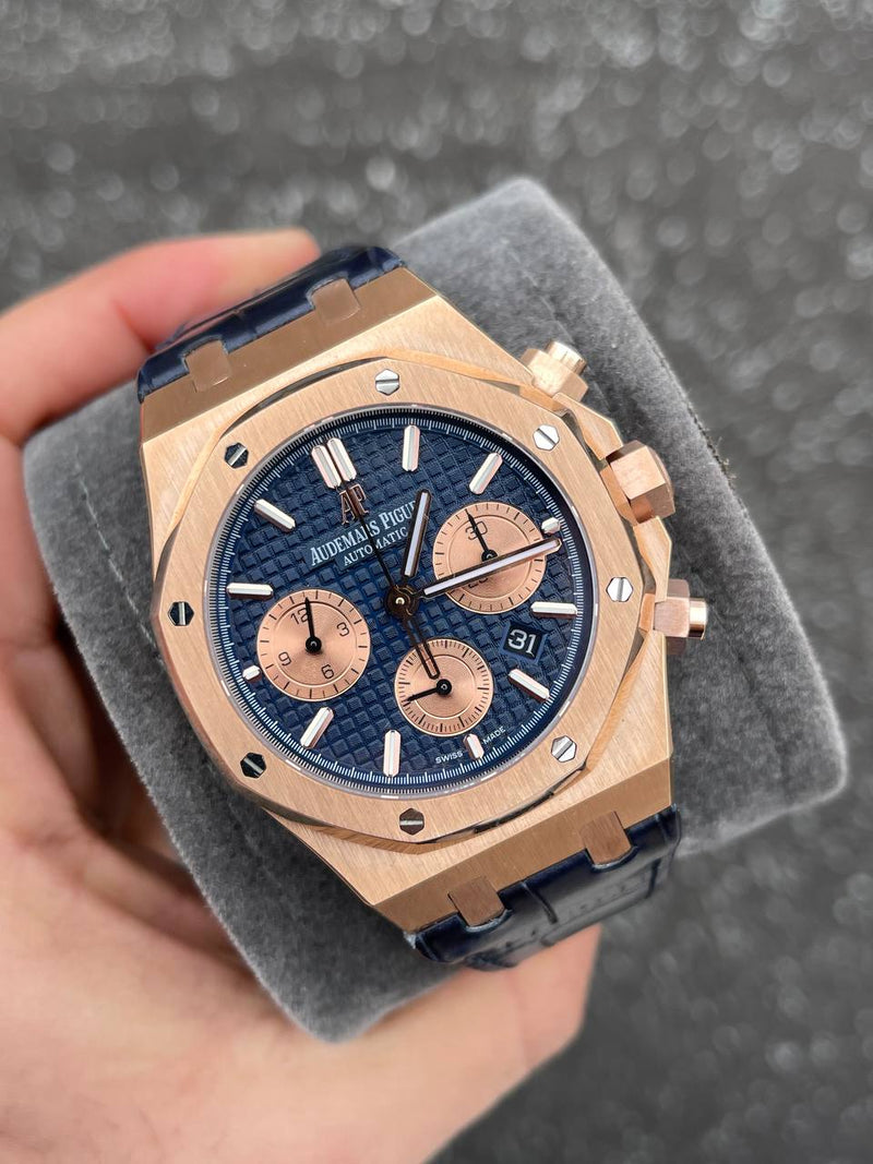 Best Replica Audemars Piguet blue Royal Oak black leather
