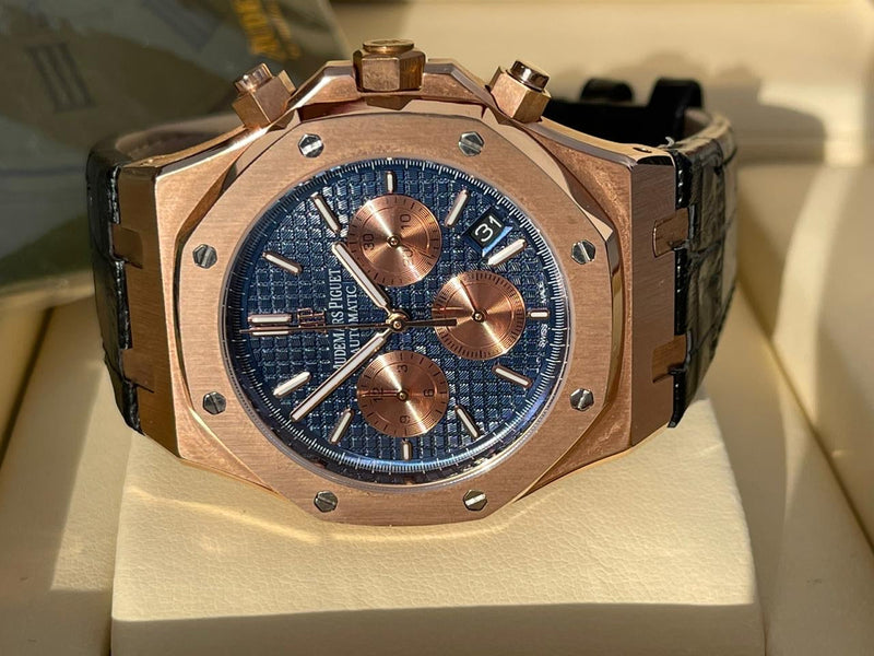 Best Replica Audemars Piguet blue Royal Oak black leather
