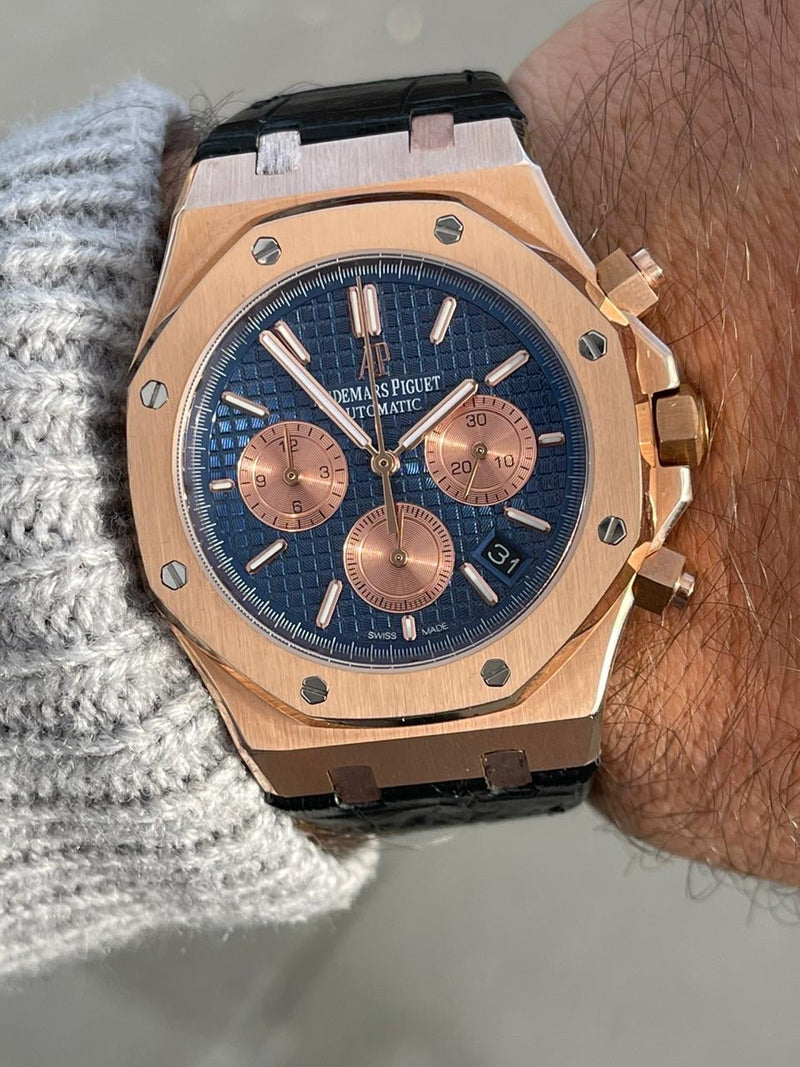 Best Replica Audemars Piguet blue Royal Oak black leather